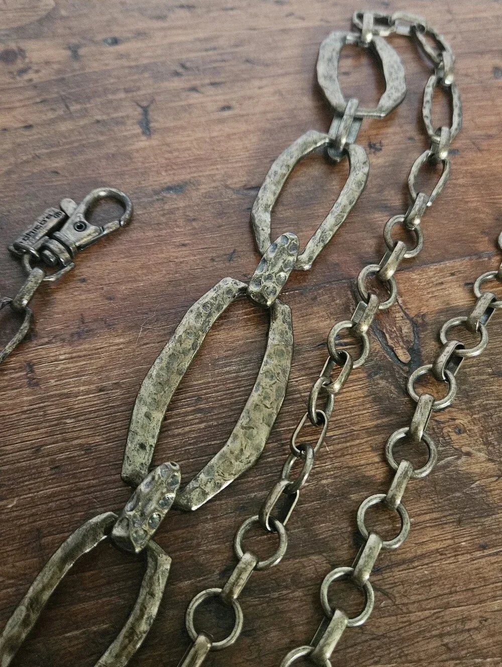 Chicos Bronze Tone Metallic Chain Belt Hammered Links Brutalist Antiqued